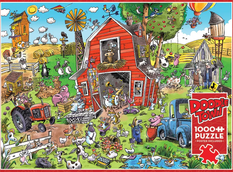 Cobble Hill DoodleTown: Farmyard Folly | 1000 Piece- 1000 Piece | Flying Adventures